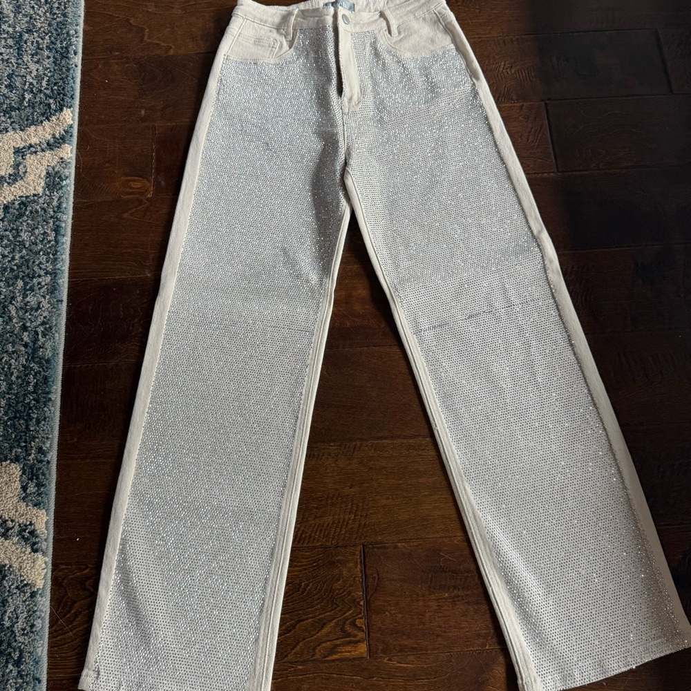 Blue B collection Elegant White Glitter Straight Leg Jeans